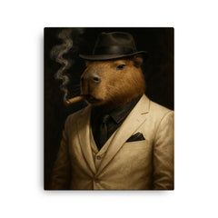 Capybara gangster in white suit beside cigar smoke canvas print on a plain backdrop in size 16"x20".