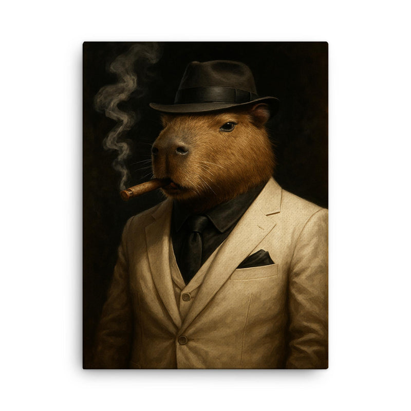 Capybara gangster in white suit beside cigar smoke canvas print on a plain backdrop in size 18