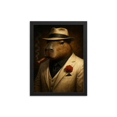 Capybara mob boss in white suit framed print on a plain backdrop in size 12"x16".