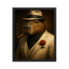 Capybara mob boss in white suit framed print on a plain backdrop in size 16"x20".
