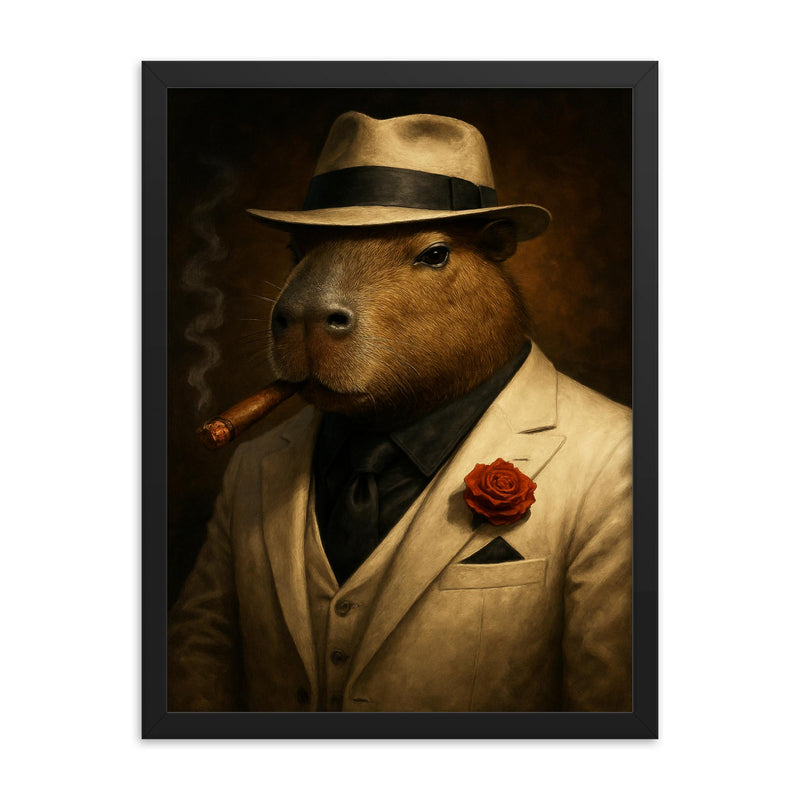 Capybara mob boss in white suit framed print on a plain backdrop in size 18