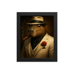 Capybara mob boss in white suit framed print on a plain backdrop in size 8"x10".