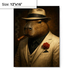 Capybara mob boss in white suit metal print on a plain backdrop in size 12"x16".