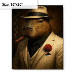 Capybara mob boss in white suit metal print on a plain backdrop in size 16"x20".