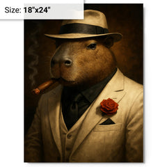 Capybara mob boss in white suit metal print on a plain backdrop in size 18"x24".