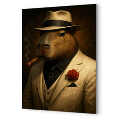 Capybara mob boss in white suit metal print mockup