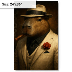 Capybara mob boss in white suit metal print on a plain backdrop in size 24"x36".