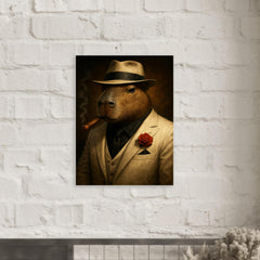 Capybara mob boss in white suit metal print mockup