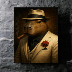 Capybara mob boss in white suit metal print mockup