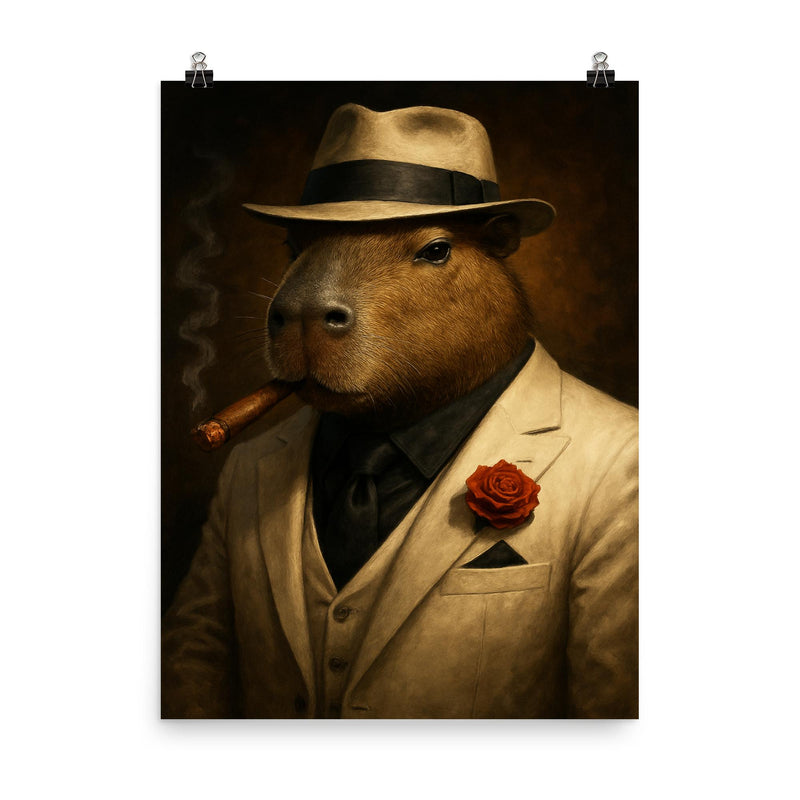 Capybara mob boss in white suit poster on a plain backdrop in size 8