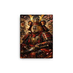 Capybara shogun in lacquered armor canvas print on a plain backdrop in size 12"x16".