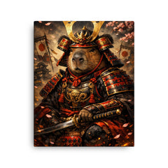 Capybara shogun in lacquered armor canvas print on a plain backdrop in size 16"x20".