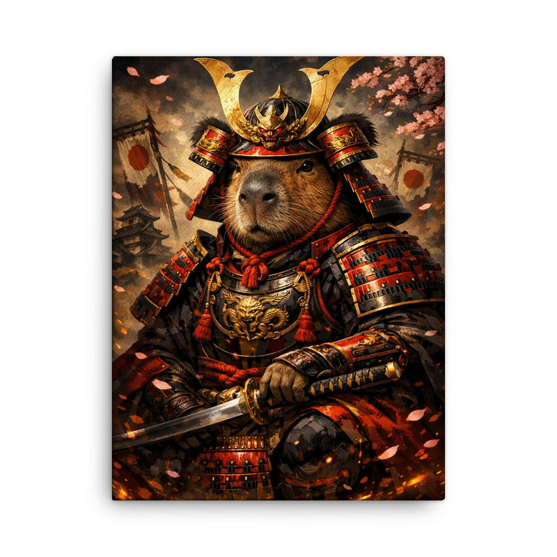 Capybara shogun in lacquered armor canvas print on a plain backdrop in size 18