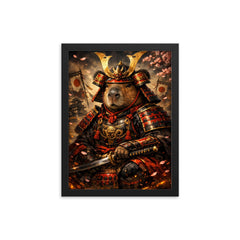 Capybara shogun in lacquered armor framed print on a plain backdrop in size 12"x16".