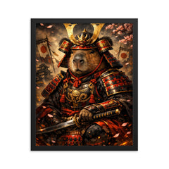 Capybara shogun in lacquered armor framed print on a plain backdrop in size 16"x20".