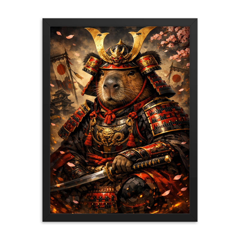 Capybara shogun in lacquered armor framed print on a plain backdrop in size 18