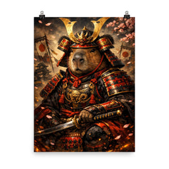 Capybara shogun in lacquered armor poster on a plain backdrop in size 8"x10".