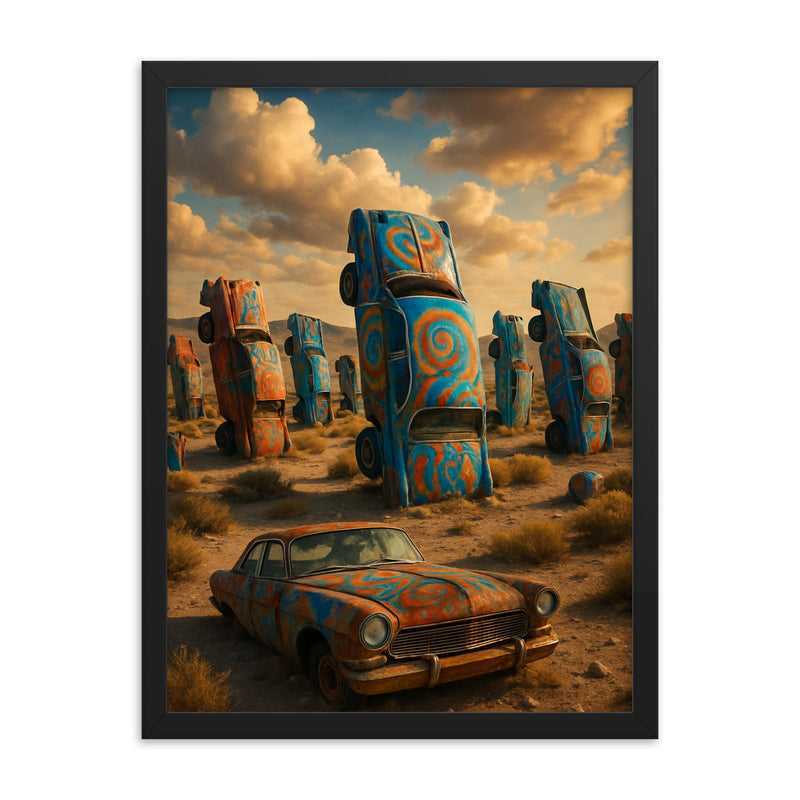 Car Forest of the Last Church Nevada USA framed print on a plain backdrop in size 18