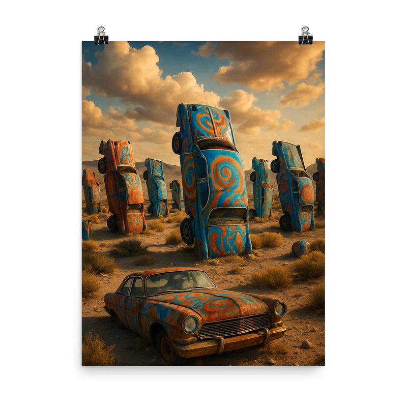 Car Forest of the Last Church Nevada USA poster on a plain backdrop in size 8