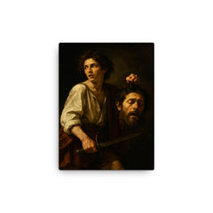 Caravaggio fugitive with severed Goliath canvas print on a plain backdrop in size 12"x16".