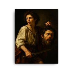 Caravaggio fugitive with severed Goliath canvas print on a plain backdrop in size 16"x20".