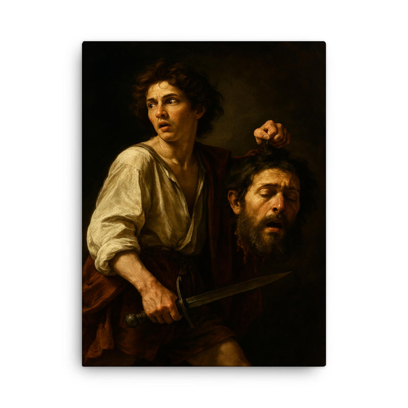 Caravaggio fugitive with severed Goliath canvas print on a plain backdrop in size 18