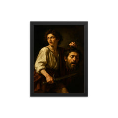 Caravaggio fugitive with severed Goliath framed print on a plain backdrop in size 12"x16".