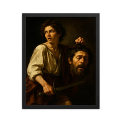 Caravaggio fugitive with severed Goliath framed print on a plain backdrop in size 16"x20".