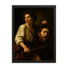 Caravaggio fugitive with severed Goliath framed print on a plain backdrop in size 18"x24".