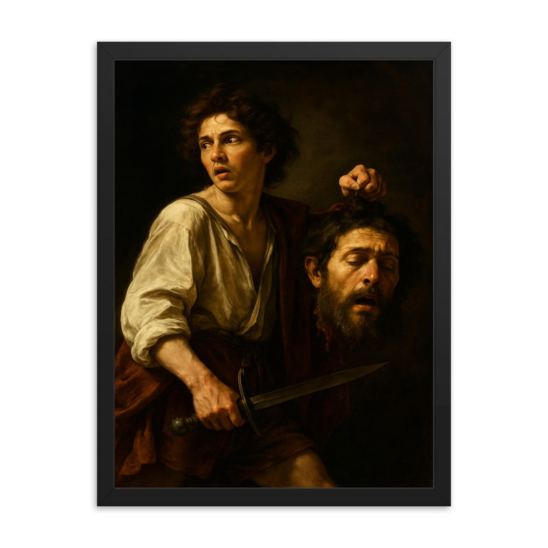 Caravaggio fugitive with severed Goliath framed print on a plain backdrop in size 18