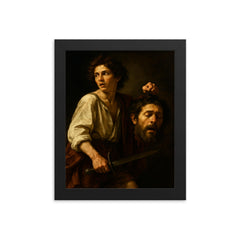 Caravaggio fugitive with severed Goliath framed print on a plain backdrop in size 8"x10".