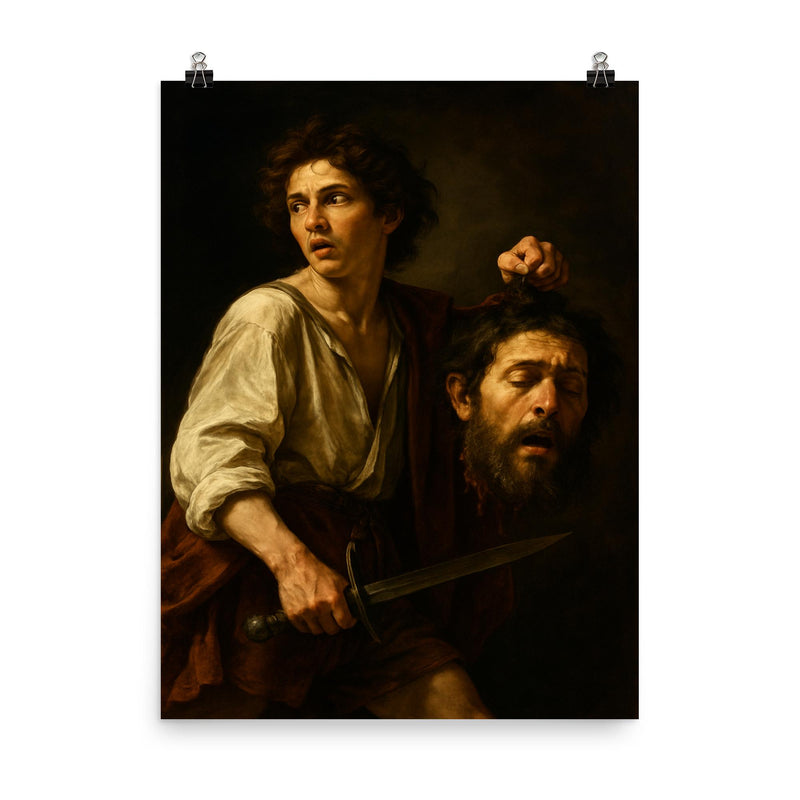 Caravaggio fugitive with severed Goliath poster on a plain backdrop in size 8