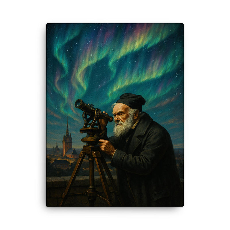 Carl Friedrich Gauss measuring Hanover under aurora skies canvas print on a plain backdrop in size 18