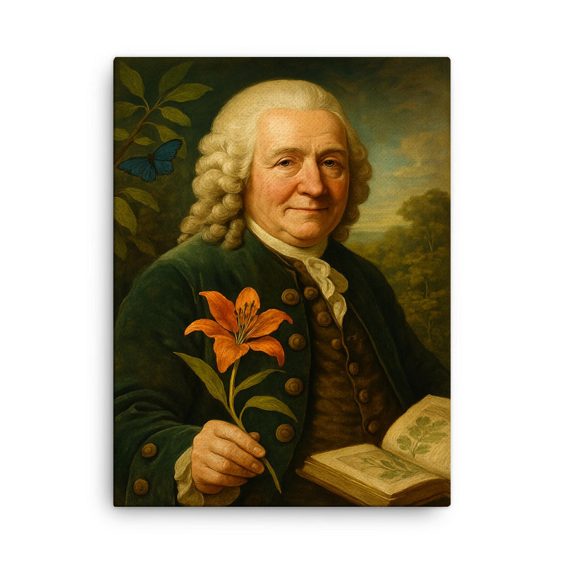 Carl Linnaeus canvas print on a plain backdrop in size 18