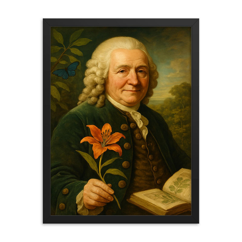 Carl Linnaeus framed print on a plain backdrop in size 18