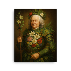 Carl Linnaeus in botanical armor of classification canvas print on a plain backdrop in size 16"x20".