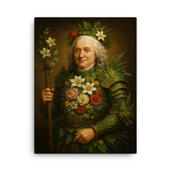 Carl Linnaeus in botanical armor of classification canvas print on a plain backdrop in size 18"x24".
