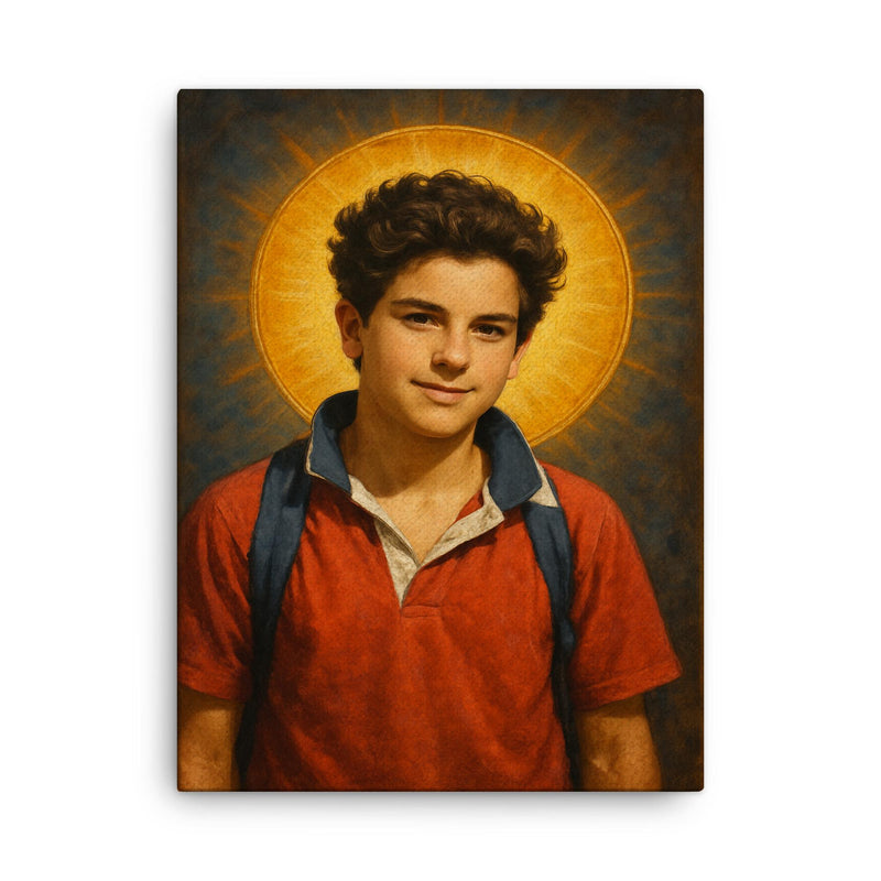 Carlo Acutis canvas print on a plain backdrop in size 18