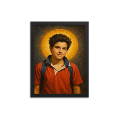 Carlo Acutis framed print on a plain backdrop in size 12"x16".