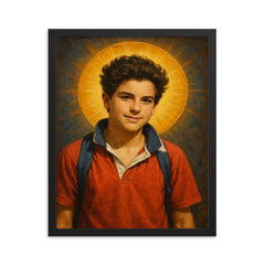 Carlo Acutis framed print on a plain backdrop in size 16"x20".