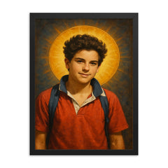 Carlo Acutis framed print on a plain backdrop in size 18"x24".