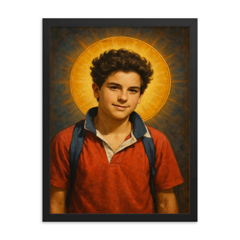 Carlo Acutis framed print on a plain backdrop in size 18