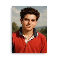 Carlo Acutis portrait canvas print on a plain backdrop in size 18"x24".