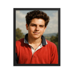 Carlo Acutis portrait framed print on a plain backdrop in size 16"x20".