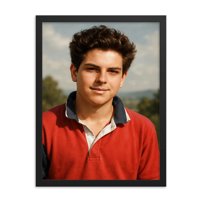 Carlo Acutis portrait framed print on a plain backdrop in size 18