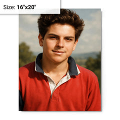 Carlo Acutis portrait metal print on a plain backdrop in size 16"x20".