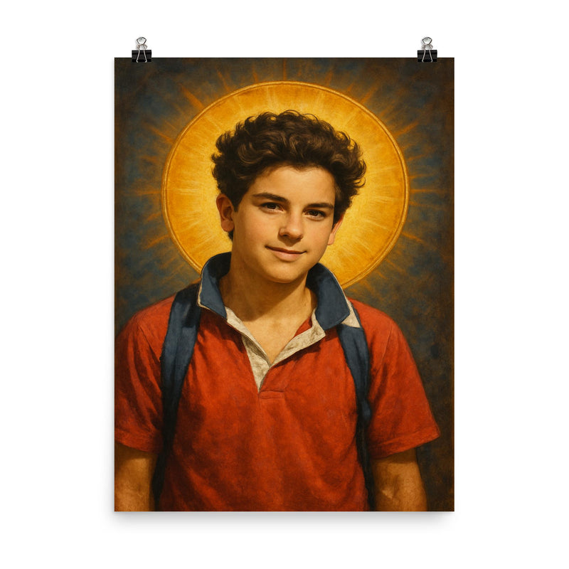 Carlo Acutis poster on a plain backdrop in size 8