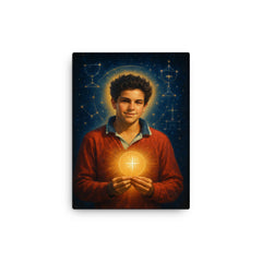 Carlo Acutis with Eucharistic constellations canvas print on a plain backdrop in size 12"x16".