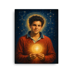 Carlo Acutis with Eucharistic constellations canvas print on a plain backdrop in size 16"x20".