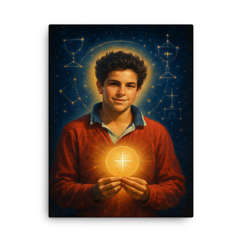Carlo Acutis with Eucharistic constellations canvas print on a plain backdrop in size 18